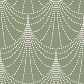 L_Art Deco Fish Scale Created With Dotted Line Modern Geometric Fan Cream White Beads On Light Green, large scale