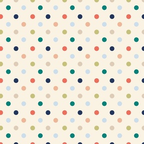 Classic Polka dots in coral, beige, green, blue and sand blender co-ordinate for bedding, quilting, kids coastal chic