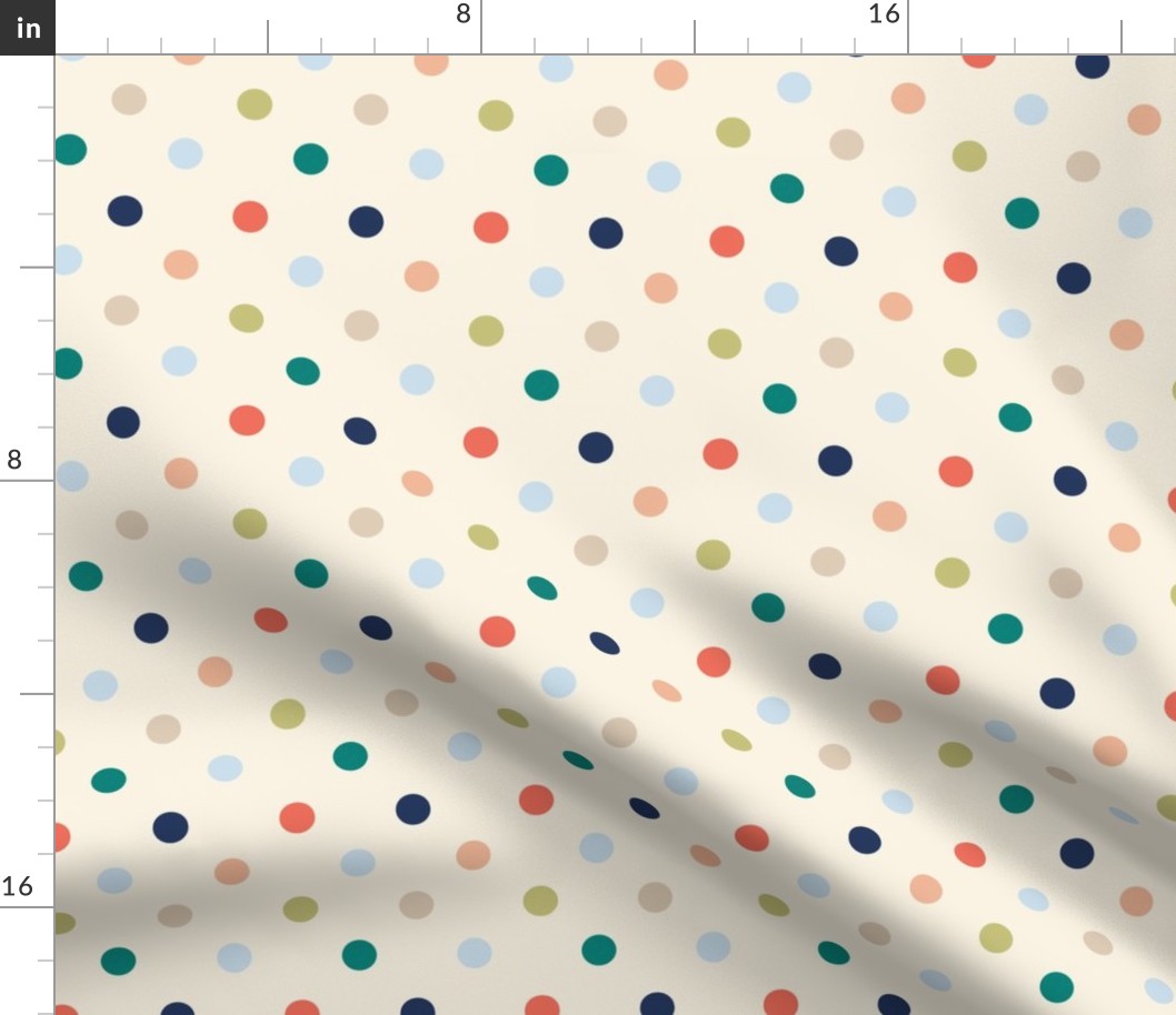 Classic Polka dots in coral, beige, green, blue and sand blender co-ordinate for bedding, quilting, kids coastal chic