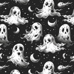 Scary Ghosts Black and White Halloween Kids Design Pattern