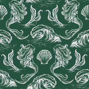 Vintage Glam Mermaids in Emerald Green for Wallpaper & Fabric