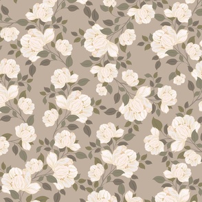 Cottage Core Casual Taupe and White Rose Floral