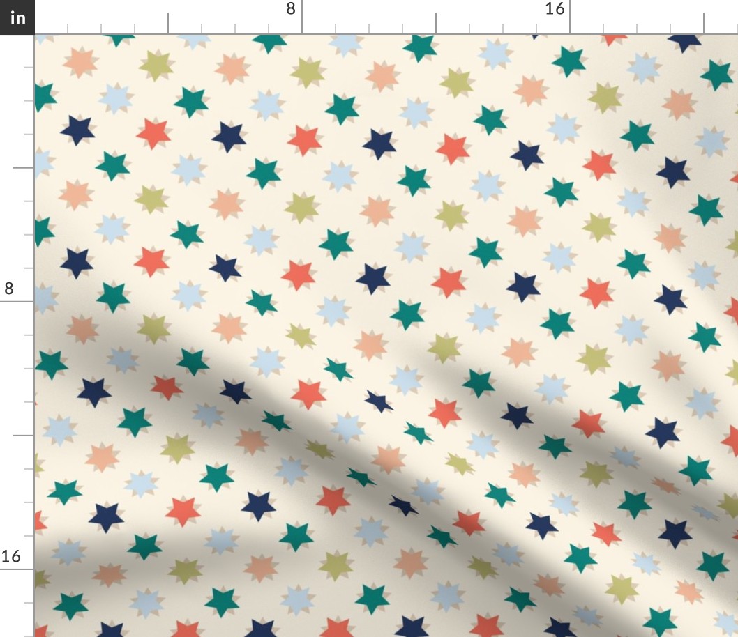 Cute Stars in coral, beige, green, blue and sand blender co-ordinate for bedding, quilting, kids coastal chic