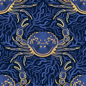 Normal scale // Crab-ulous coral reef // navy blue background ornamental decorative yellow golden textured and electric blue crabs wallpaper