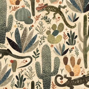 Whimsical wild west - Desert lizard with cowboy hats over sand beige Large - boho cactus - bohemian decor - Cacti wallpaper 