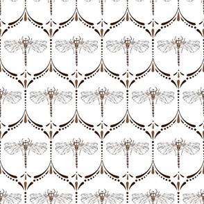 Vintage Glamour Art Nouveau - Dragonflies, Drops, Dots - Brown on White BG
