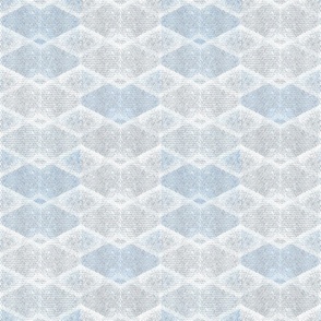 Gray, white, blue textured geometric rhombic pattern.