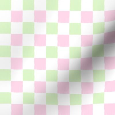 Painted checkerboard pattern with paint stroke checkers in pastel green & pink