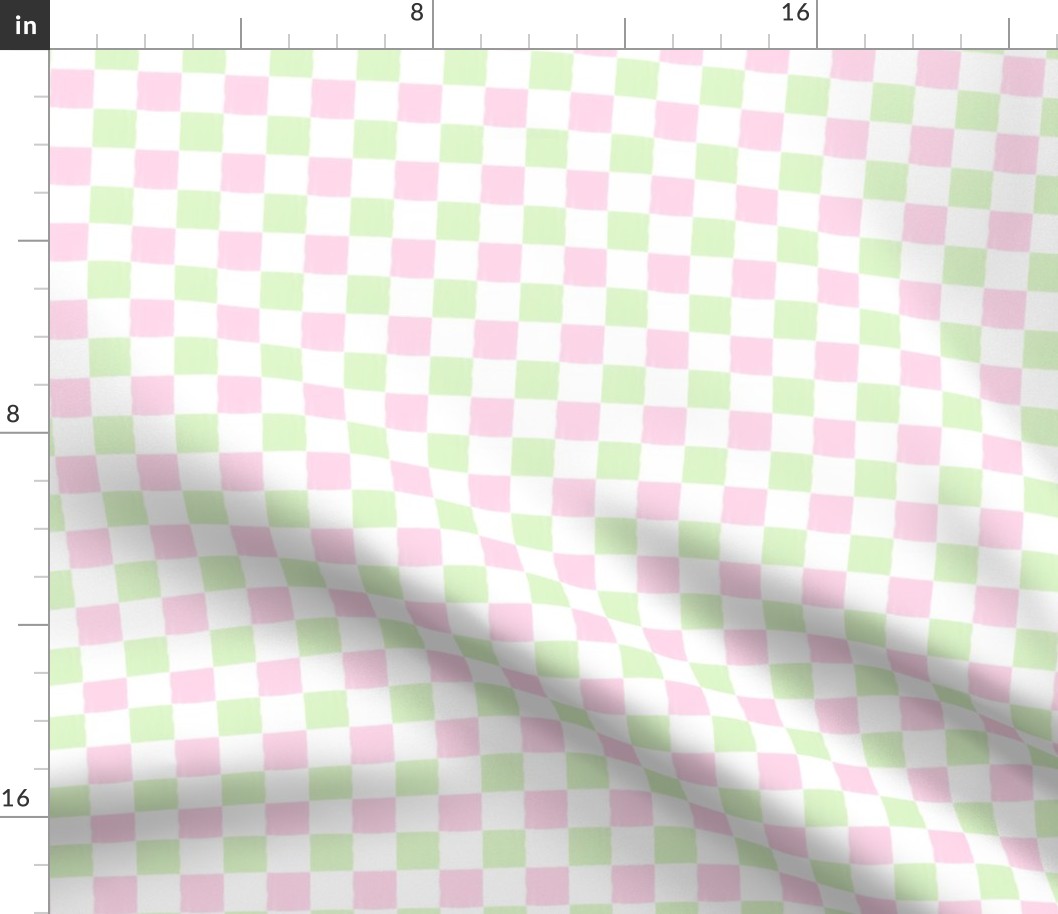 Painted checkerboard pattern with paint stroke checkers in pastel green & pink