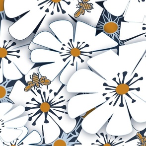 bees of flowers white on navy blue