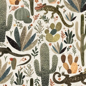 Whimsical wild west - Desert lizard with cowboy hats white linen texture Large - boho cactus - bohemian decor - Cacti Wallpaper