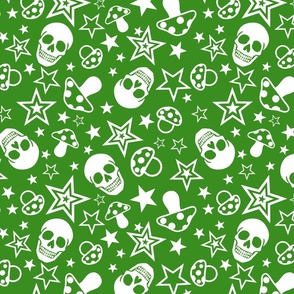 Green and White Pop Punk Rock Pattern With Mushrooms,  Skulls amd Stars  Juvenile Alternative Emo Style copy