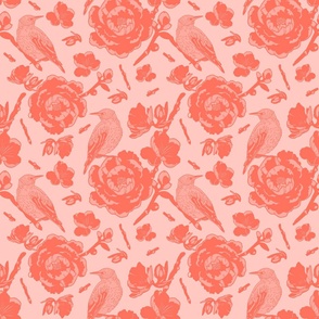 Bird Loves Peonies , Monochromatic Coral   