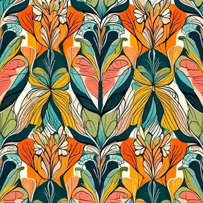 peach and green floral tile pattern XL
