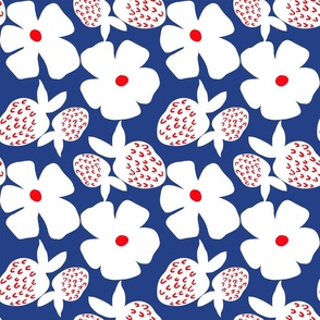 Big Poppy Strawberry Red White Blue Flower And Fruit Mini Silhouettte Cheerful Bright Mid-Century Modern Retro Scandi Swedish Navy Summer Garden Party Pool And Patio Repeat Minimalist Nature Wildflower Cosmos Ditzy Floral Meadow Pattern