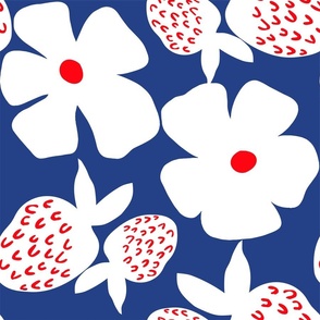 Big Poppy Strawberry Red White Blue Flower And Fruit Silhouettte Cheerful Bright Mid-Century Modern Retro Scandi Swedish Navy Summer Garden Party Pool And Patio Repeat Minimalist Nature Wildflower Cosmos Ditzy Floral Meadow Pattern