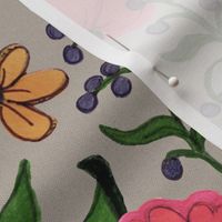 LARGE - Watercolor Meadow Floral Ditsy with light khaki Textured Background. Spindrift Studio, Cait Kirste