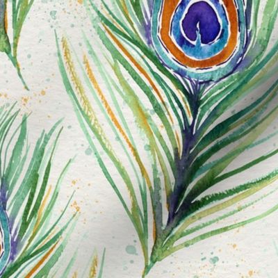 (L) Hand Painted Watercolor Peacock Feather with Paint Splatter - Large