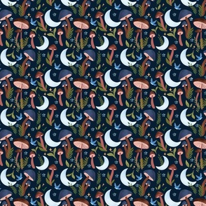 Enchanted and Dreamy Celestial Moonlit Forest Mushrooms (dark blue)