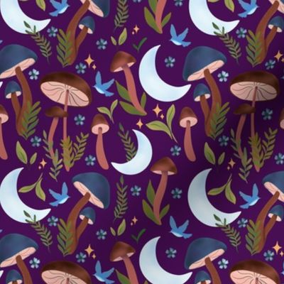 Enchanted and Dreamy Celestial Moonlit Forest Mushrooms (dark purple)