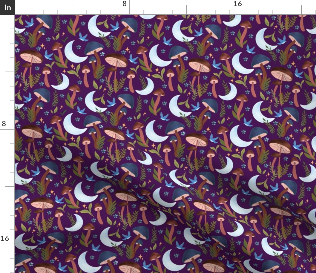 Enchanted and Dreamy Celestial Moonlit Forest Mushrooms (dark purple)