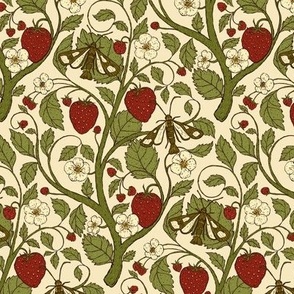 6x9 Vintage Strawberry Plant with Fruits, Leaves, Flowers, and Moths inspired by William Morris Strawberry Thief in Arts and Crafts Style - Large Scale