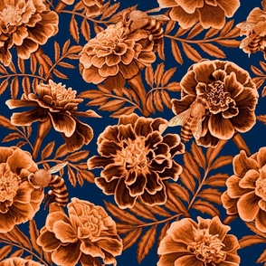 Vintage Metallic Marigolds and Honey Bees Pattern in Copper and Blue