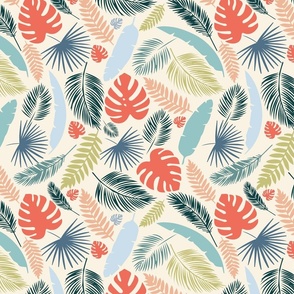 Tropical leaves in coral, beige, green, blue and sand for bedding, quilting, kids coastal chic