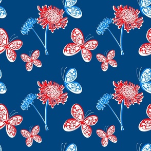Butterfly Garden Red White And Blue Palm Royale Beach Mini Chrysanthemum Flowers Independence Day 60’s 70’s Mid-Century Modern Tonal Miminalist July 4th Hippy Beach Bright Floral Retro Scandi Style Garden Repeat Pattern