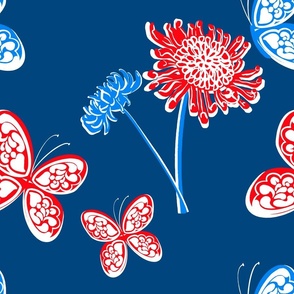 Butterfly Garden Red White And Blue Palm Royale Beach Chrysanthemum Flowers Independence Day 60’s 70’s Mid-Century Modern Tonal Miminalist July 4th Hippy Beach Bright Floral Retro Scandi Style Garden Repeat Pattern