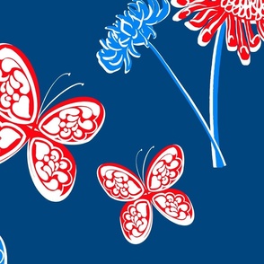 Butterfly Garden Red White And Blue Palm Royale Beach Big Chrysanthemum Flowers Independence Day 60’s 70’s Mid-Century Modern Tonal Miminalist July 4th Hippy Beach Bright Floral Retro Scandi Style Garden Repeat Pattern