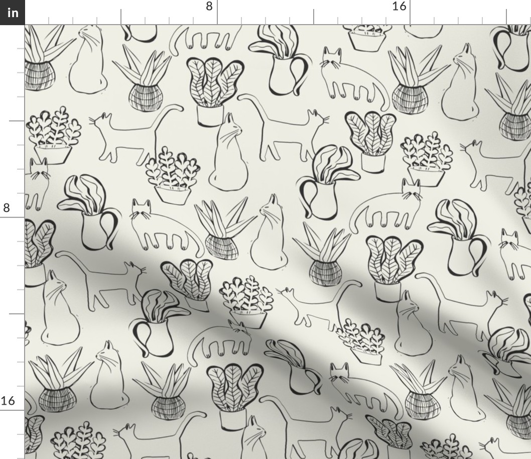 Kitties and Houseplants Blockprint Pattern in White and Black  in  Benjamin Moore Colors SMALL