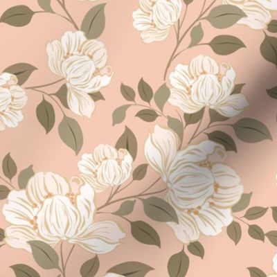 Cottage Core Casual Peach and White Rose Floral