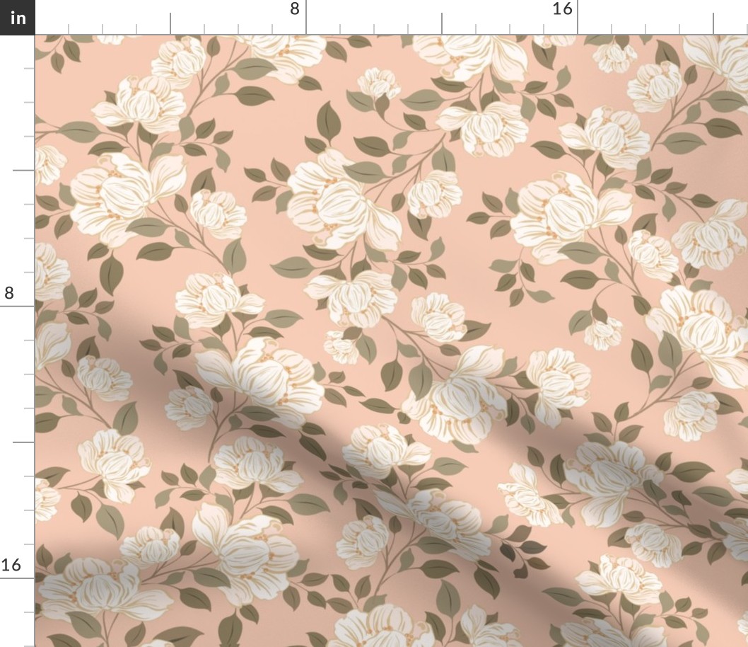 Cottage Core Casual Peach and White Rose Floral