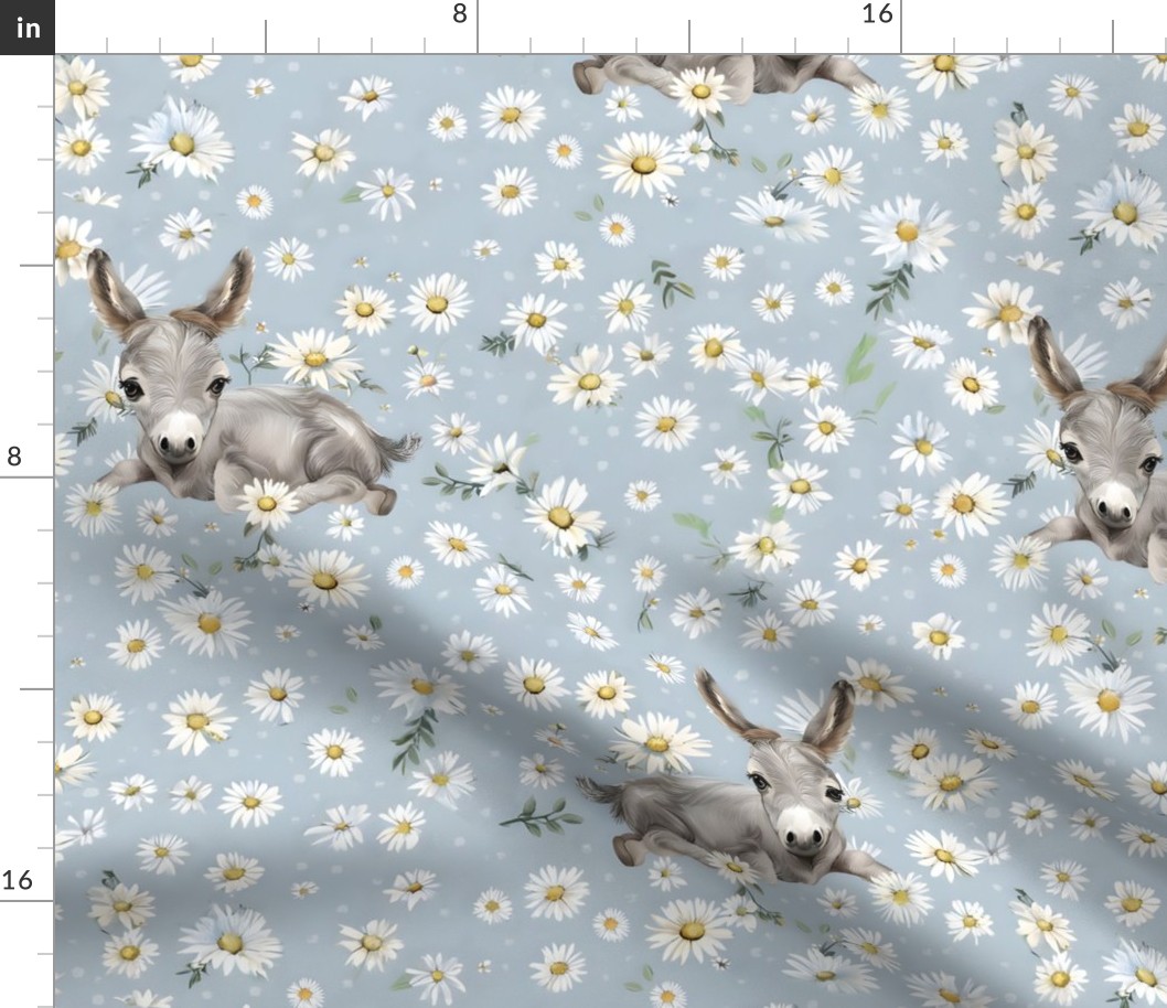 Adorable Baby Gray Donkey Foal in a Field of Baby Blue  Floral White Daisies: Whimsical Country Western Equestrian
