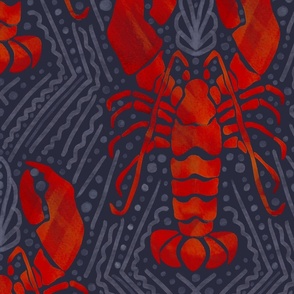 Watercolor Lobster ruby red on dark navy blue background Crustacean core | jumbo 