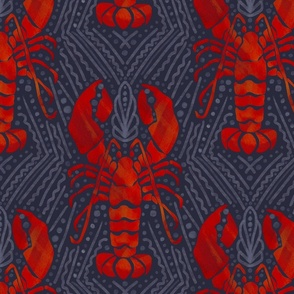 Watercolor Lobster ruby red on dark navy blue background Crustacean core | large