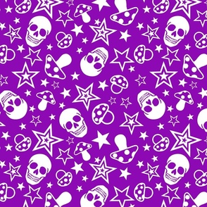 Purple and White Pop Punk Rock Pattern With Mushrooms, Skulls amd Stars  Juvenile Alternative Emo Style 