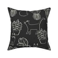 Kitties and Houseplants Blockprint Pattern  in Black and White Benjamin Moore Colors LARGE