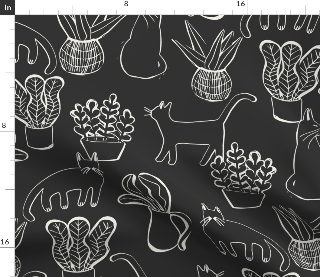 Kitties and Houseplants Blockprint Pattern  in Black and White Benjamin Moore Colors LARGE
