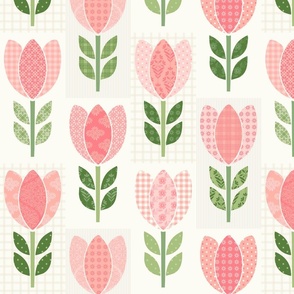 Peach Tulips Patchwork Cheater Quilt Vertical Orientation