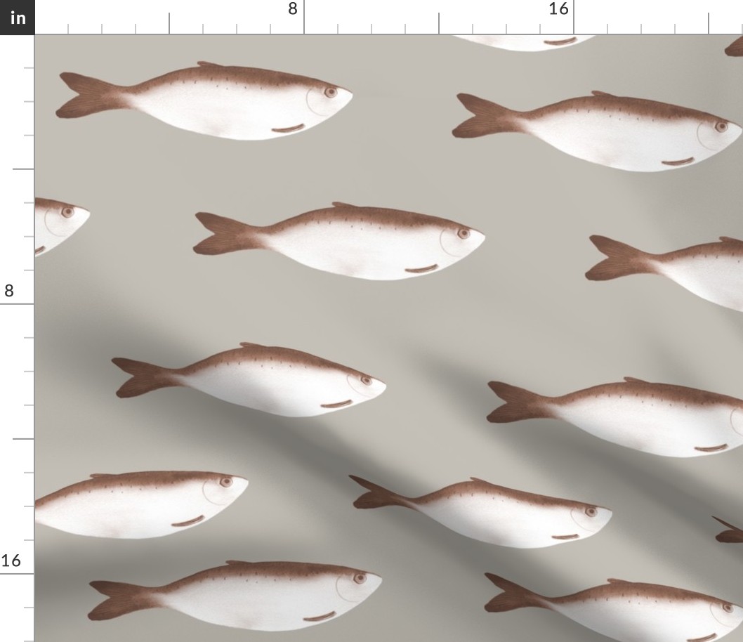 medium - Moody herring fish - pinecone brown sepia on moonsrtuck gray beige