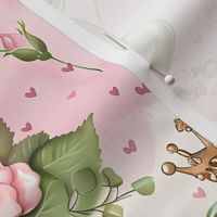 Fairytale Cute Frog Prince & Princess Golden Crowns Pink Rose Floral Cartoon Kids Print Fabric, Perfect for Nursery or Little Girl's Room Wallpaper - Medium Size 