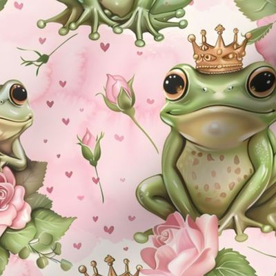 Fairytale Cute Frog Prince & Princess Golden Crowns Pink Rose Floral Cartoon Kids Print Fabric, Perfect for Nursery or Little Girl's Room Wallpaper - Medium Size 