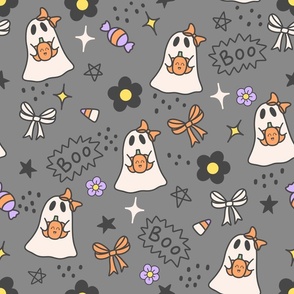 Boo Halloween Ghost-grey, Autumn, Fall, Pumpkin, Jack-o-Lantern, Halloween Candy, Bows, Daisies, Daisy, Halloween, Spooky, Ghosts