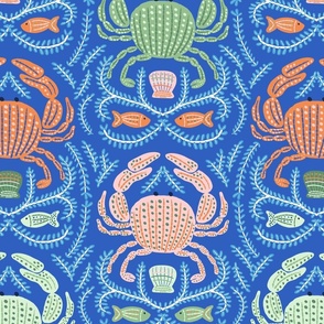 Colorful Ocean Crabs on Cobalt Blue/ Green/ Orange M 