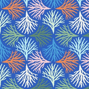 Colorful Seaweed Ogee White/ Green/ Orange/ Pink on Cobalt Blue M