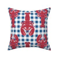 Lobster on my Table - Red Maine Lobsters on blue and white check gingham - MED