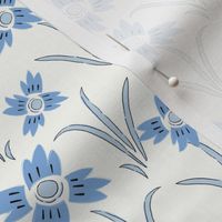 L| English Blue Indian Floral Print Flow on Alabaster white