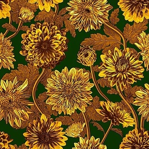 Vintage Metallic Mums  Chrysanthemum Pattern in Gold and Green